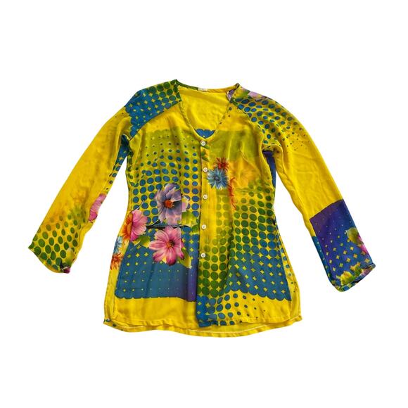 READ Kim Lai Silk Floral Sheer Button Down Long Sleeve Blouse Womens XS Small - Picture 1 of 16